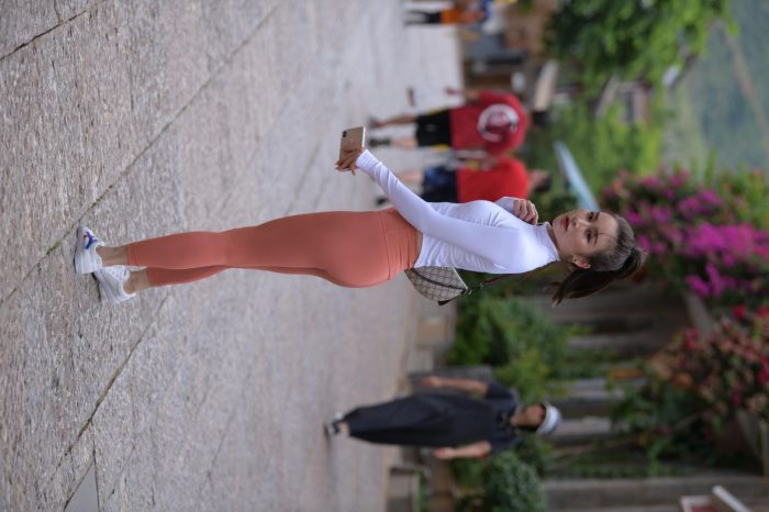 橙色瑜伽裤的高马尾姑娘【615P】00051-多丫图库